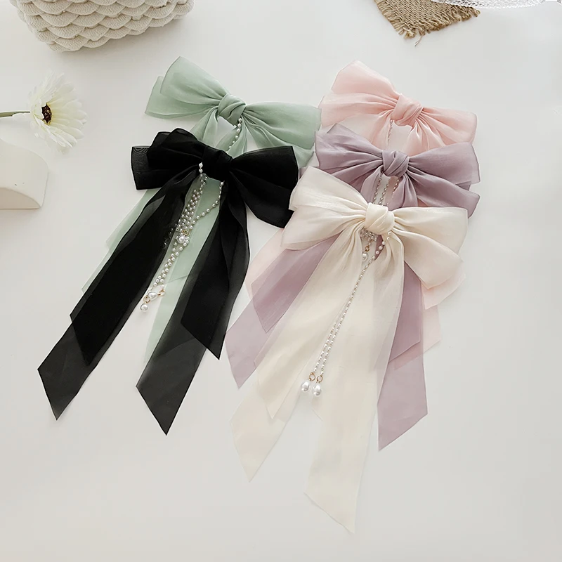 Elegant Bow Ribbon Hairpin for Women Long Tassels Pearl Pin Bowknot Stain Hair Clip Retro Headband Girls Hair Accessories