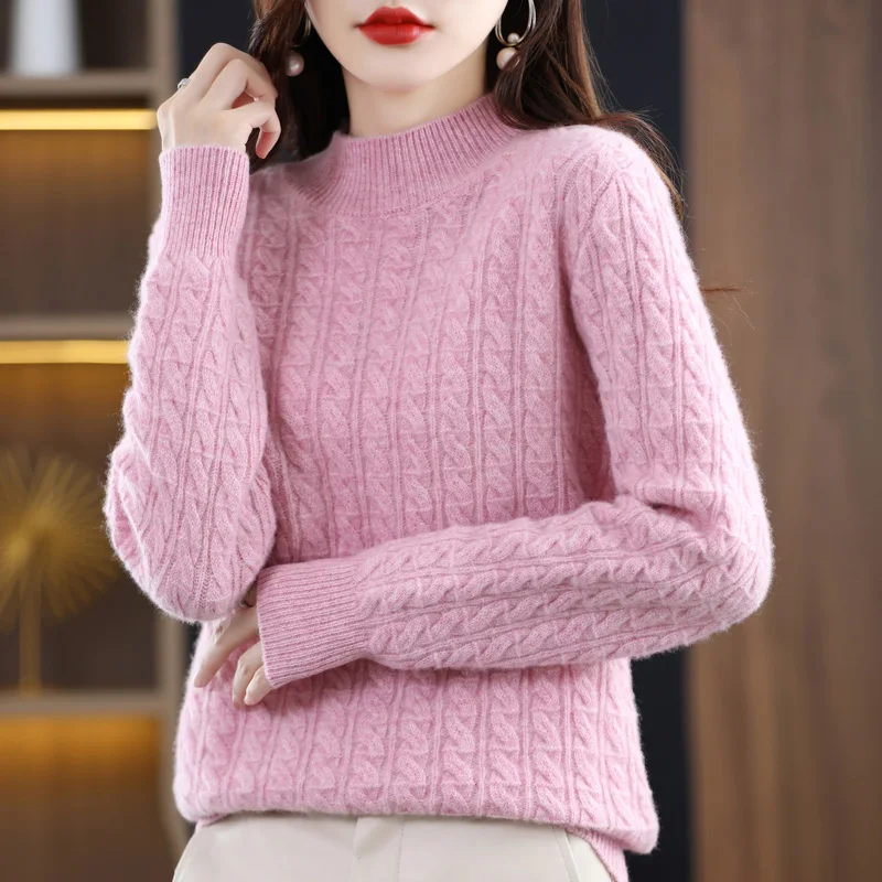 Autumn Winter Women Wool Sweater Half-high Collar Twisted Knitted Pullover Thickened Cashmere Casual Knitwear Top