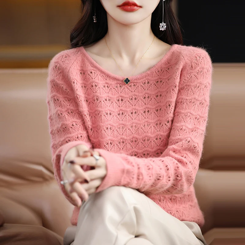 Women Mink Cashmere Sweater Scoop Neck Hollow Out Pullover Autumn Winter Fashion Casual Knit Cashmere Sweater Bottoming Top