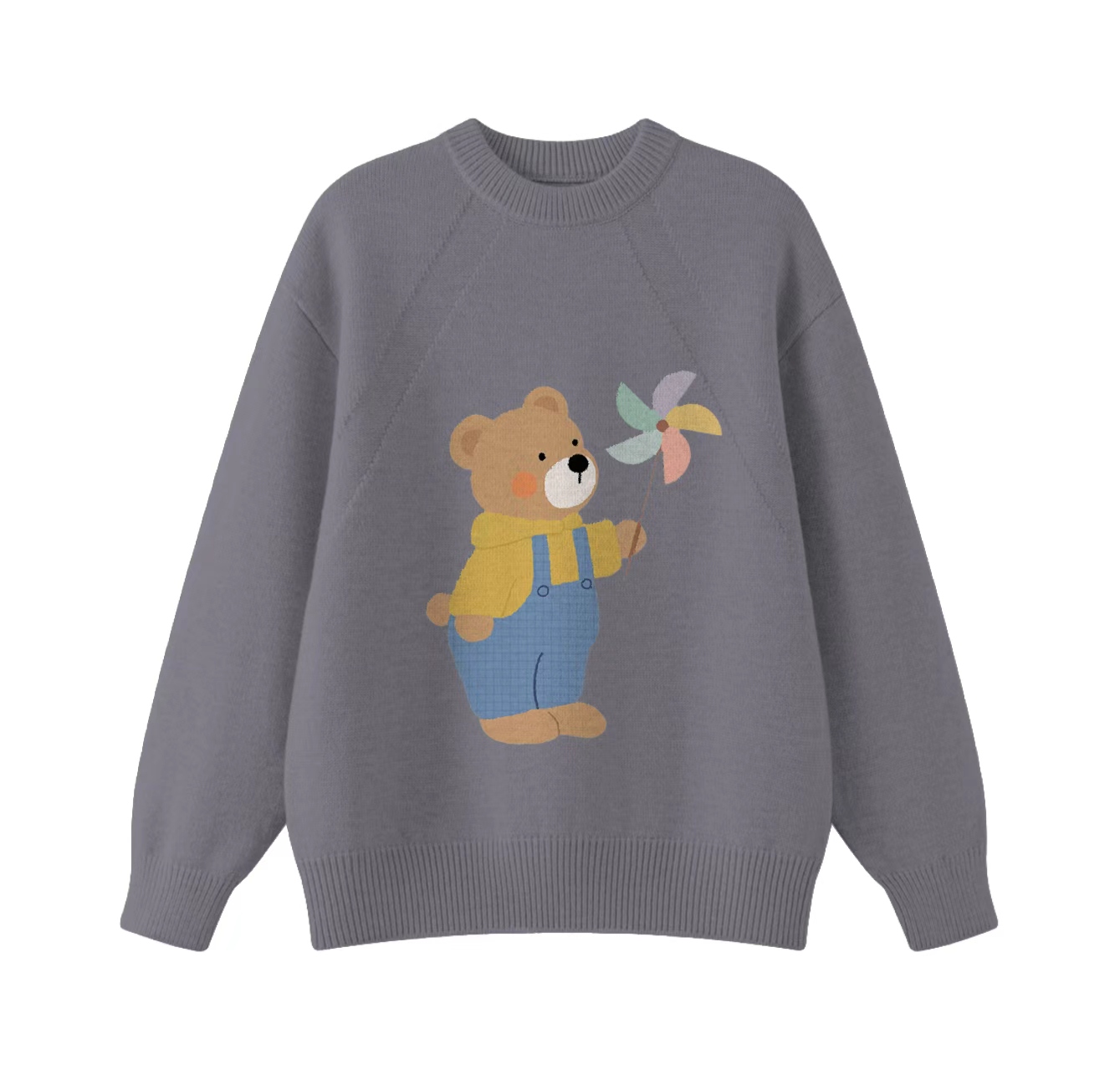 This adorable knit sweater, featuring a bear holding a windmill and a crew neck pullover design, is an ideal choice for winter wear.