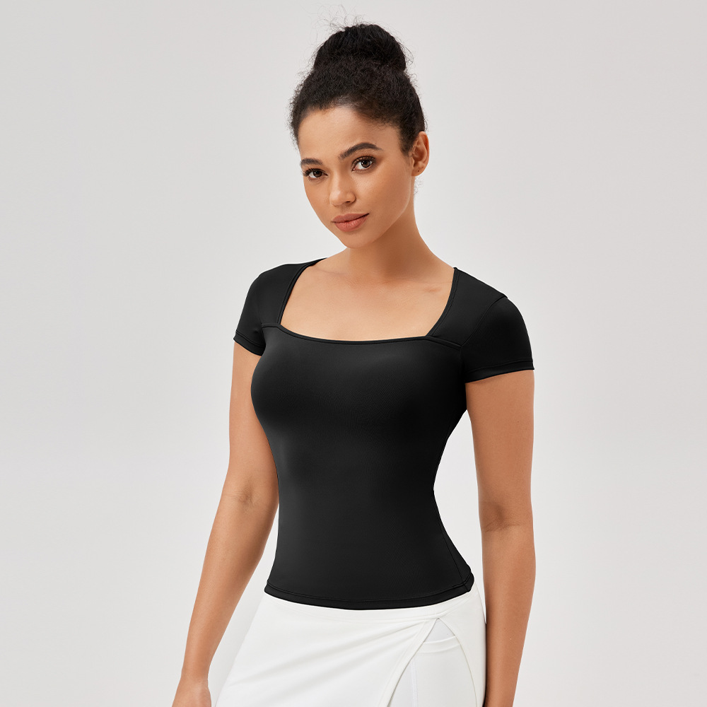 Women's Spring/Summer Square Neck Sports Short Sleeve T-Shirt, Slim Fit, Quick-Drying Running Fitness T-Shirt, Breathable Yoga Top
