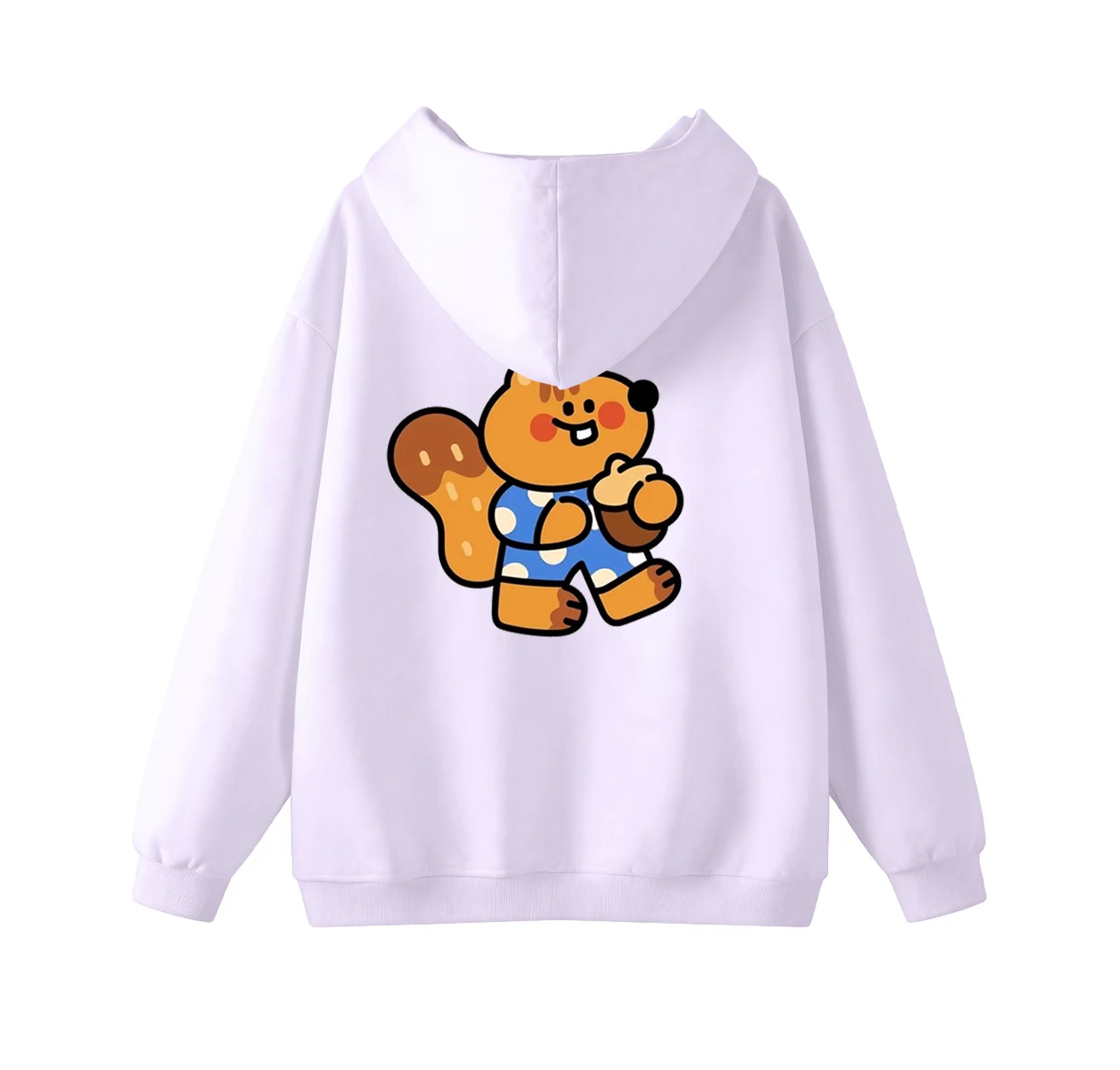 This adorable hooded sweatshirt features a squirrel eating a pine cone and is a casual pullover. Its stand-up collar also makes it an ideal choice for winter wear.