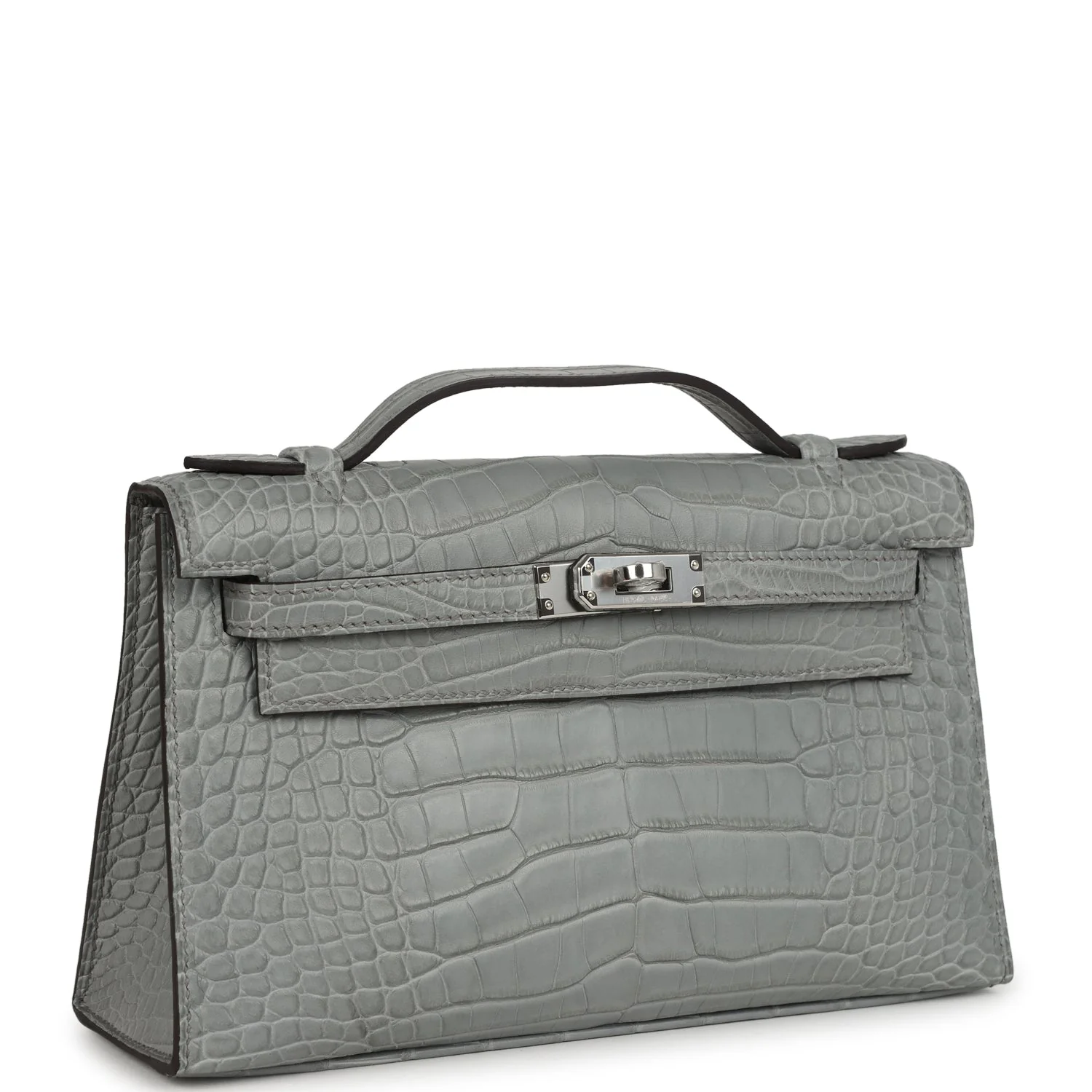 Hermes Kelly Pochette Gris Ciment Matte Alligator Palladium Hardware