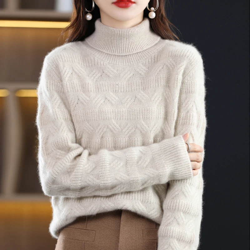 Autumn Winter Pure Wool Soft Thickening Sweater Women Jacquard High Lapel Solid Pullover Basis Casual Cashmere Knit