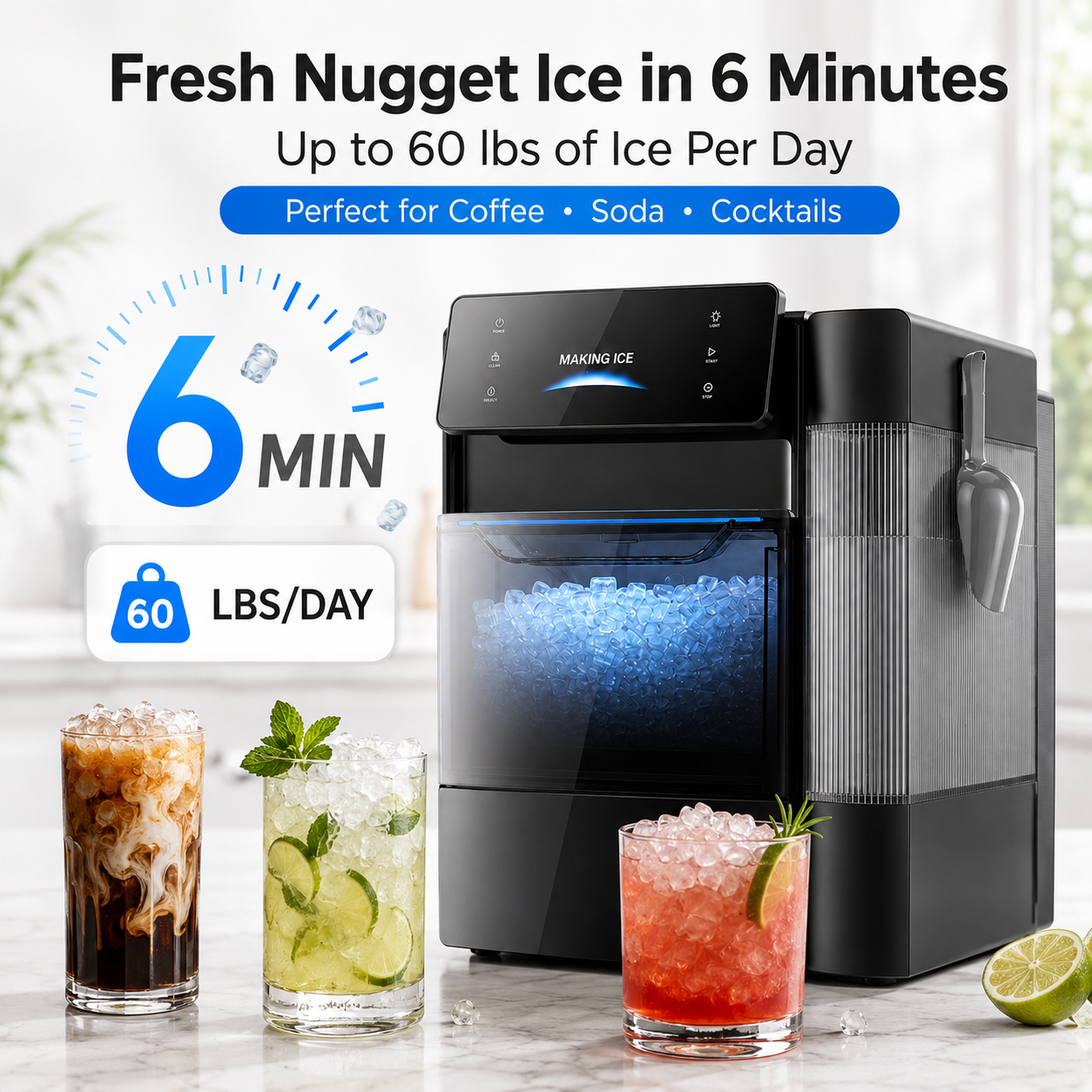 🔥Summer Deal🔥 Nugget Ice Maker – Soft Chewable Ice in 6 Minutes