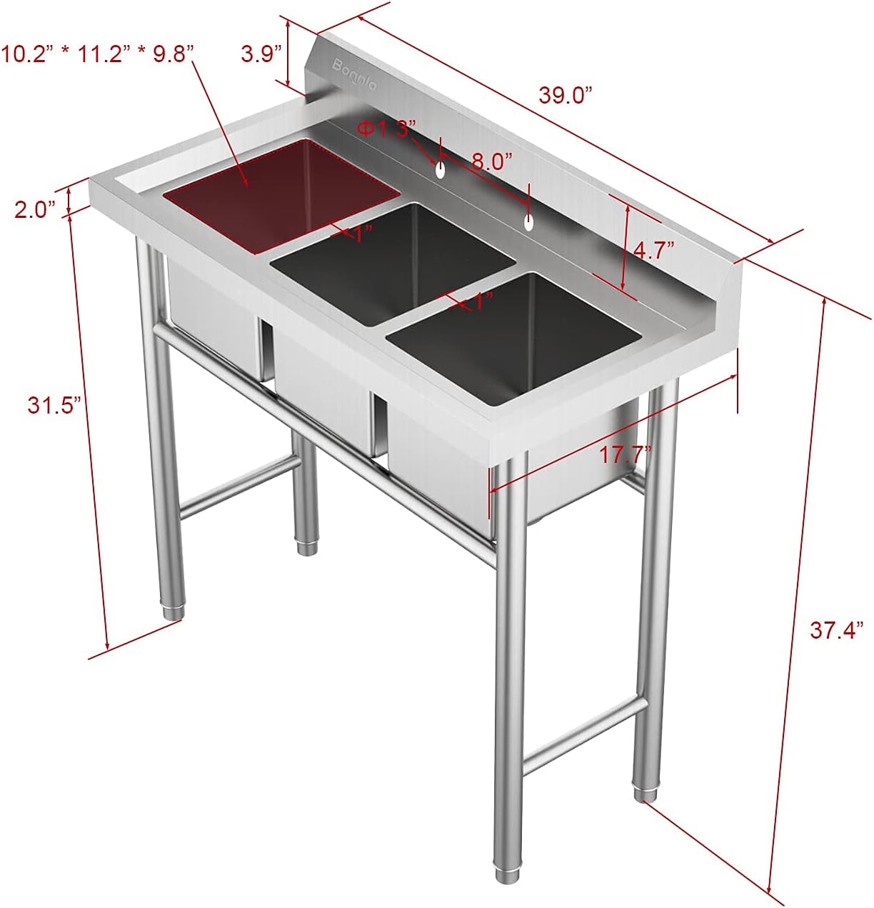 Bonnlo 3-Compartment 304 Stainless Steel Utility Sink Commercial Grade Laundry Tub Culinary Sink for Outdoor Indoor, Garage, Restaurant, Kitchen, Laundry/Utility Room - 39” W x 18” D x 37.4” H