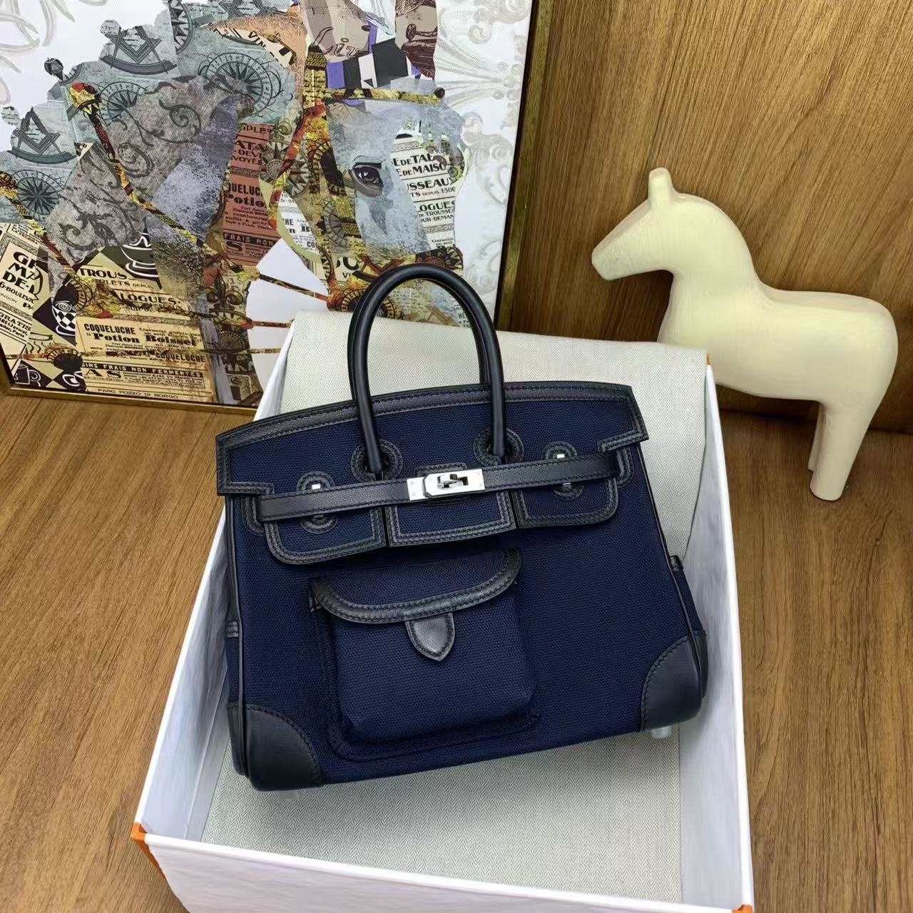 HERMÈS Limited Edition Birkin Cargo 25-35 in Gold Swift leather and Canvas with Palladium hardware customization