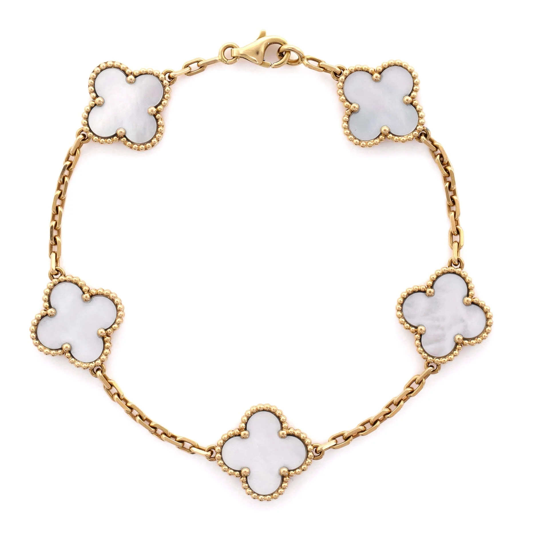 Vintage Alhambra 5 Motifs Bracelet 18K Yellow Gold and Mother of Pearl
