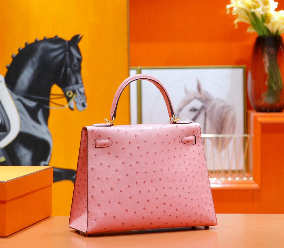 Hermes (Love Hermes) Kelly bag - Ceramic powder - South African ostrich leather - Fully hand-sewn - Gold buckle - 28cm