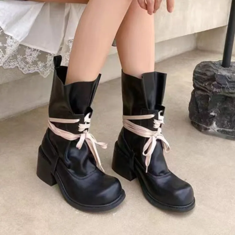 Platform Heightened Bundle Lace-up Booties 2026 Summer New Round Toe Block Heel Skinny Non-slip Stack Boots