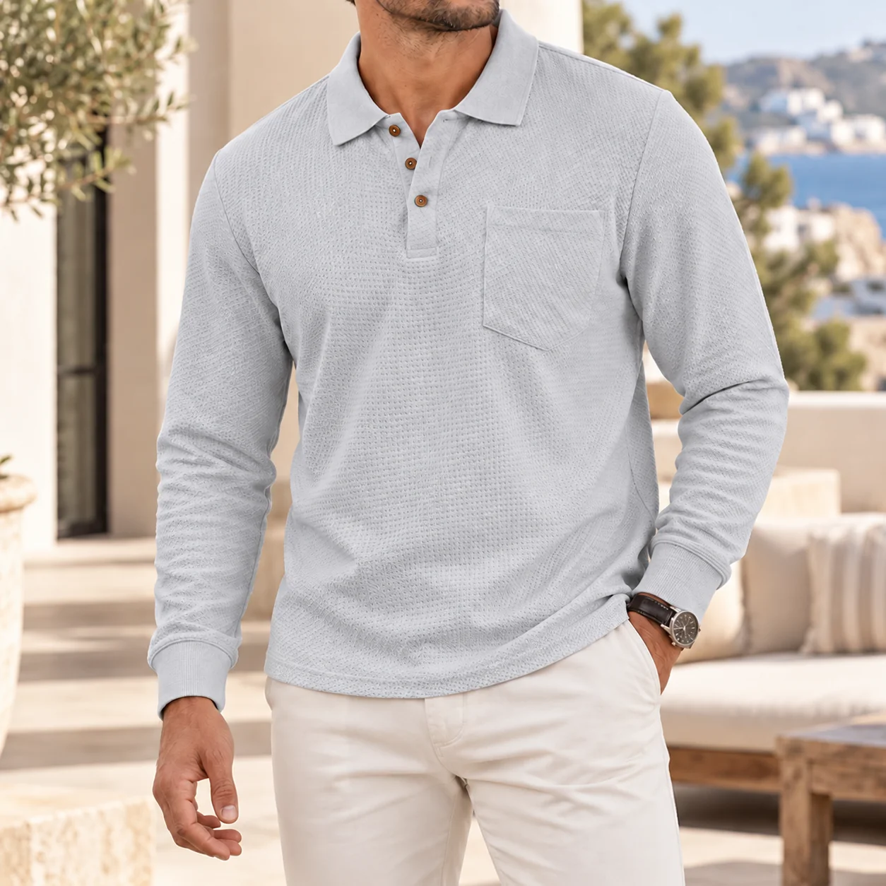 Mivanity Men's Premium Textured Polo Shirt Long Sleeve Casual Chest Pocket Top