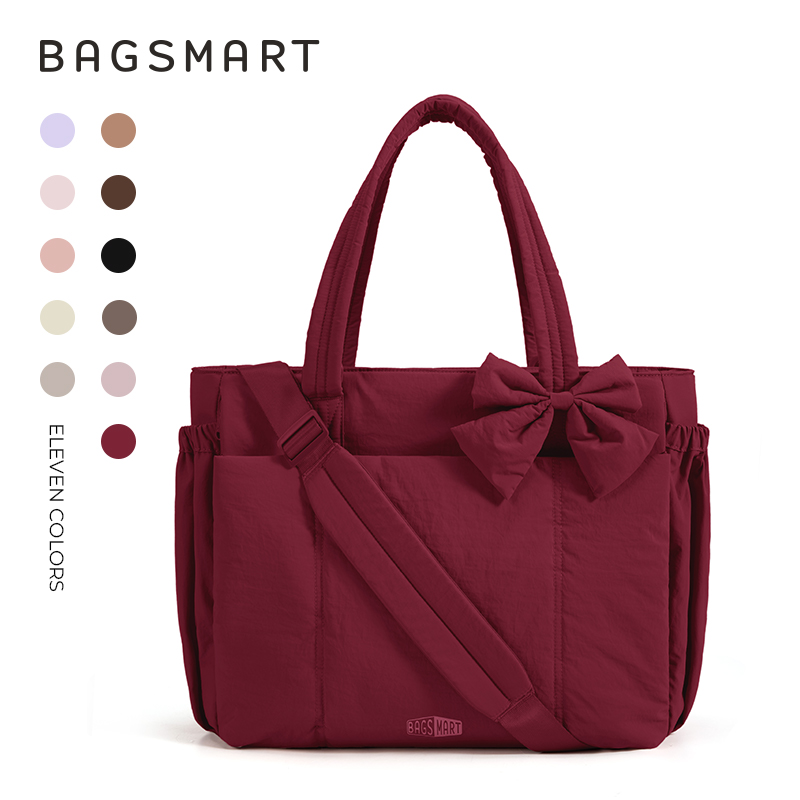 BAGSMART Tote Bag for Women, Puffer Crossbody Bag with Zipper for Women, Quilted Shoulder Bag with Compartments, Red