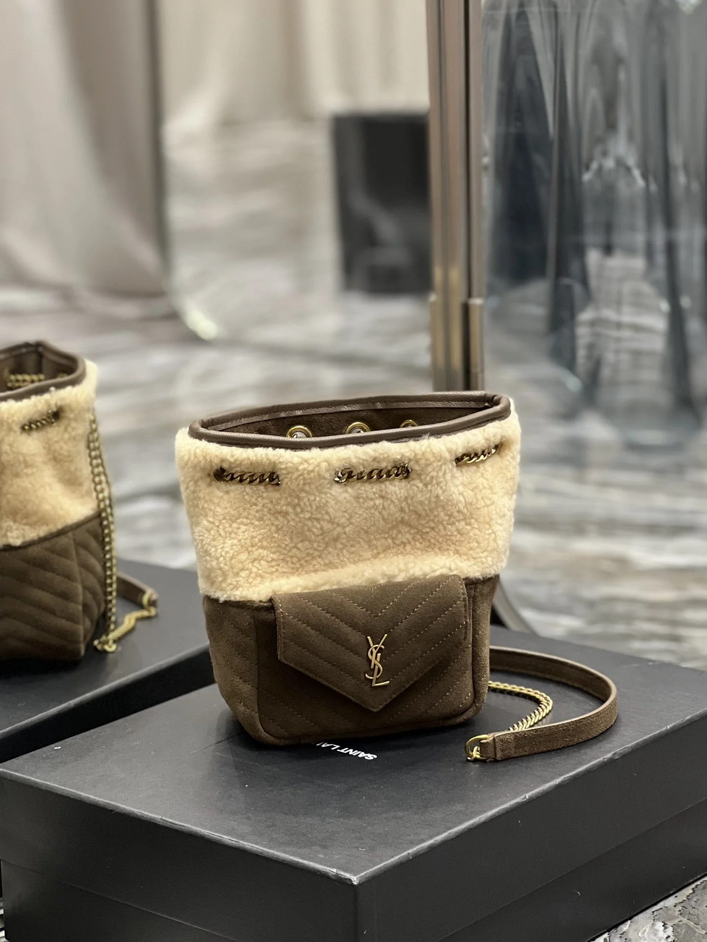 Saint Laurent Oe Mini Bucket Chevrons Brown For Women, Women’s Bags 7.5in/19cm YSL 70163129XA79587