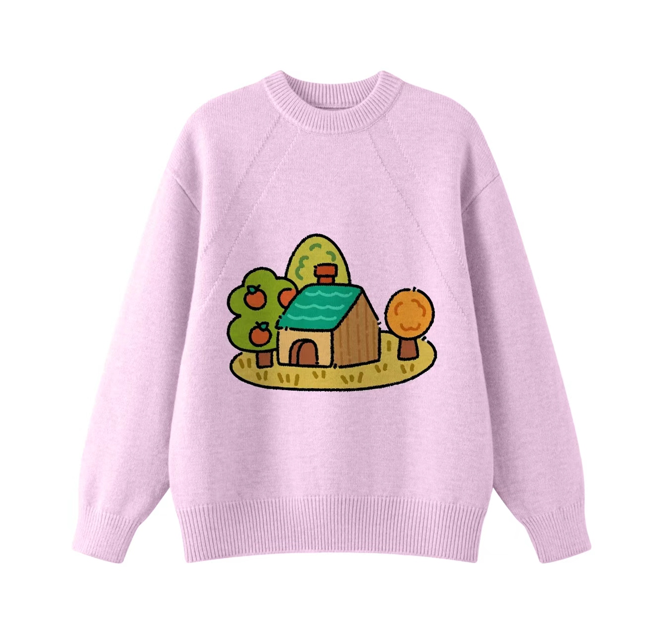 This adorable knit sweater, featuring a pattern of trees surrounding a house and a crew neck pullover design, is an ideal choice for winter wear.