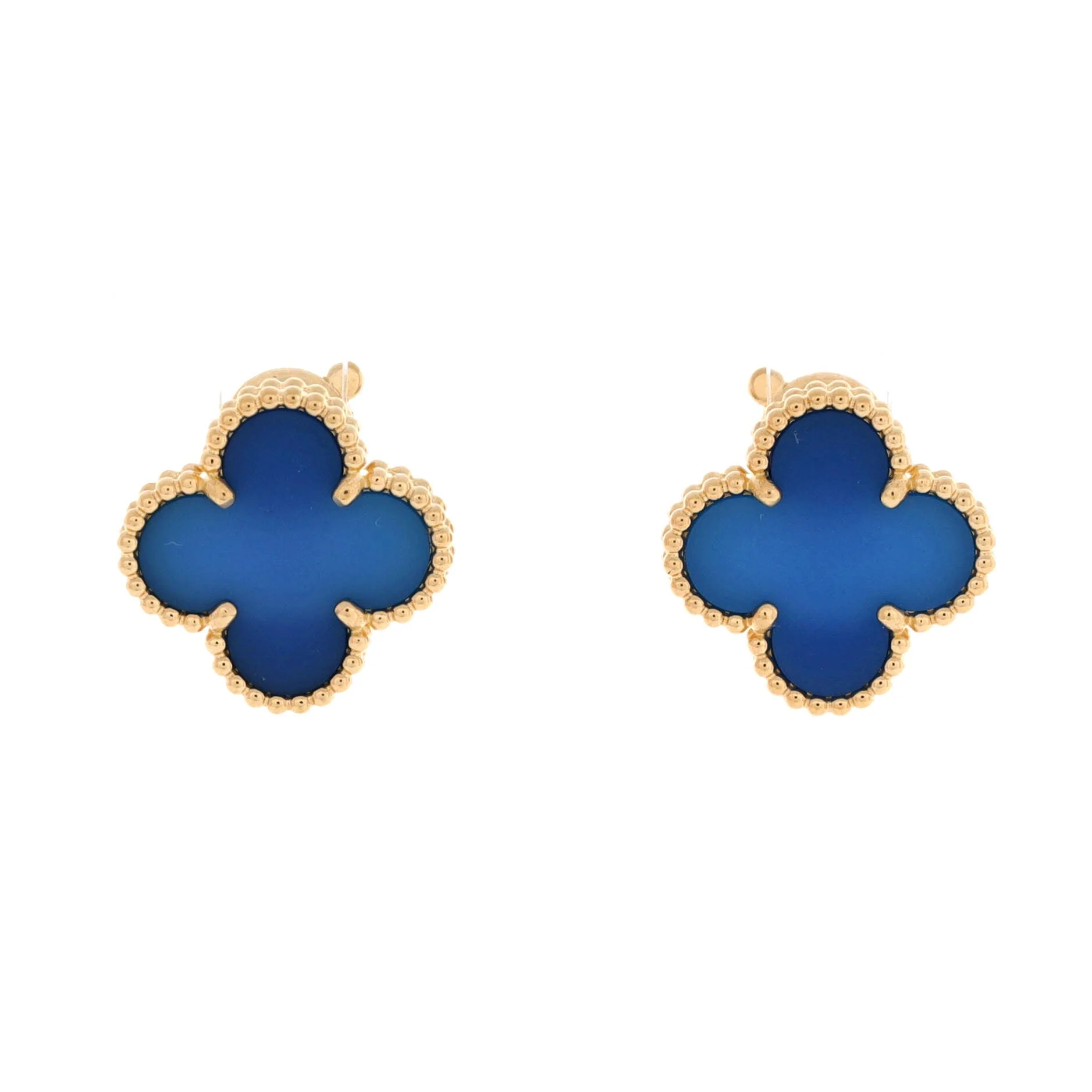 Vintage Alhambra Earrings 18K Yellow Gold and Blue Agate