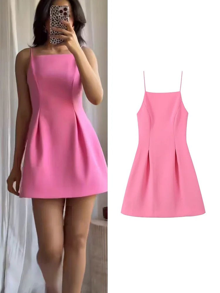 Elegant Ladies Pink Spaghetti Strap Dress 2026 Summer New Simple Style Women Slim Short Dress Party Fashion A-Line Dress