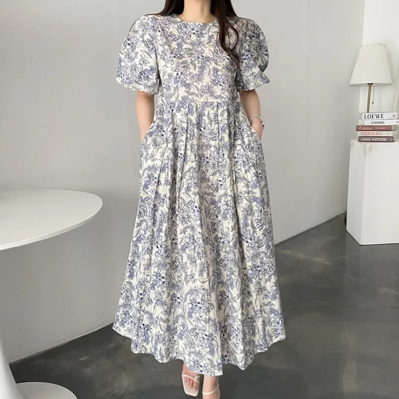 Loose Korean Chic Summer French Style Floral Print round Neck Splice Design Long Skirt Dress with Lace Hemline Ankle-length