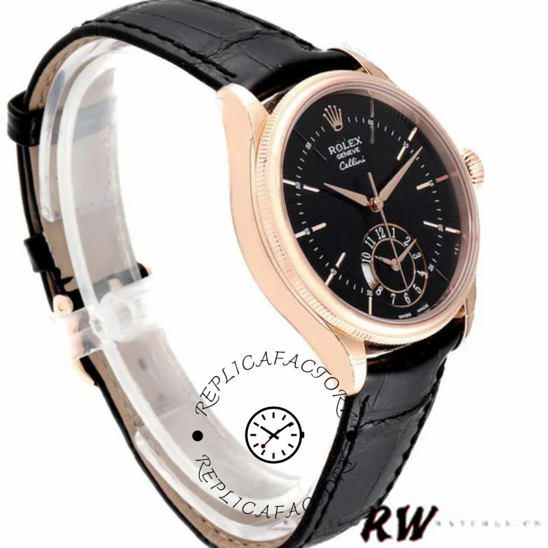 Rolex Cellini Dual Time 50525 Black Dial Black Leather Strap 39mm Mens Replica Watch