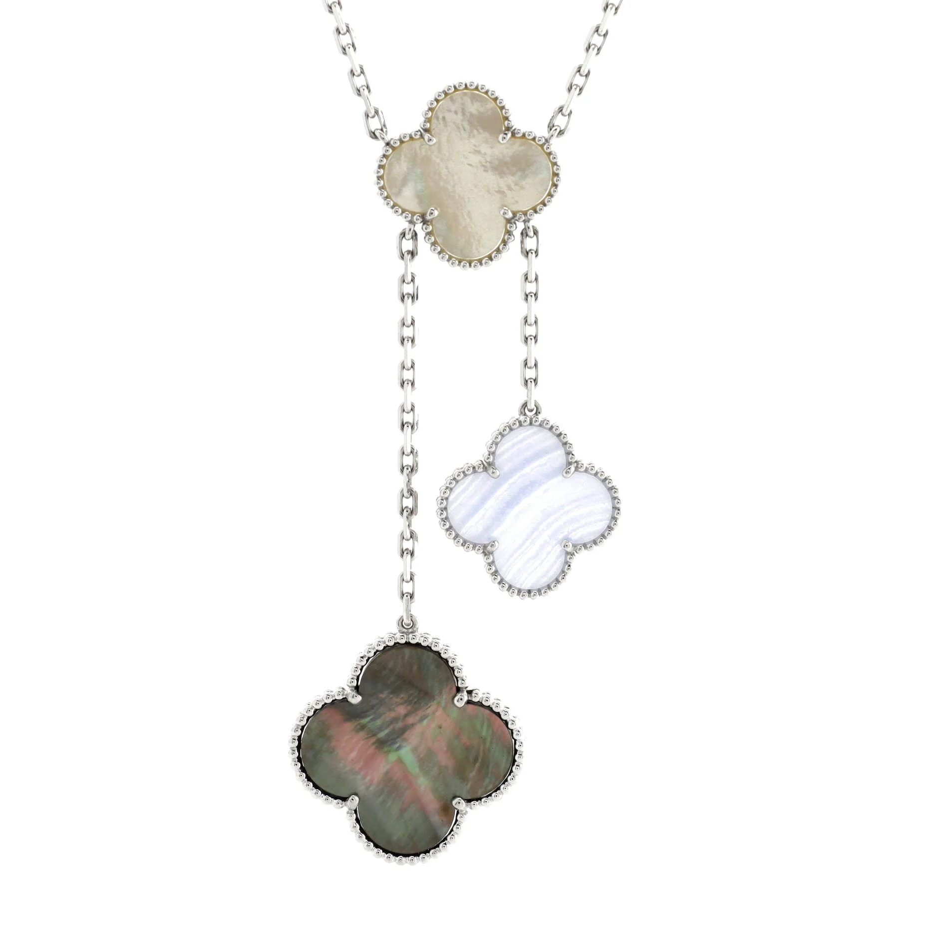 Magic Alhambra 6 Motifs Necklace 18K White Gold with Mother of Pearl and Chalcedony