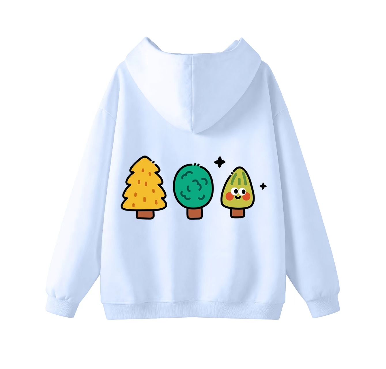 This adorable hooded sweatshirt features a three-tree print and is a casual pullover. Its stand-up collar also makes it an ideal choice for winter wear.