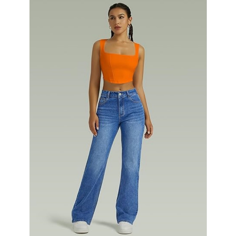 Women's High Waisted Microelastic Straight Leg Jeans, Loose Wide Leg Boyfriend Denim Pants
