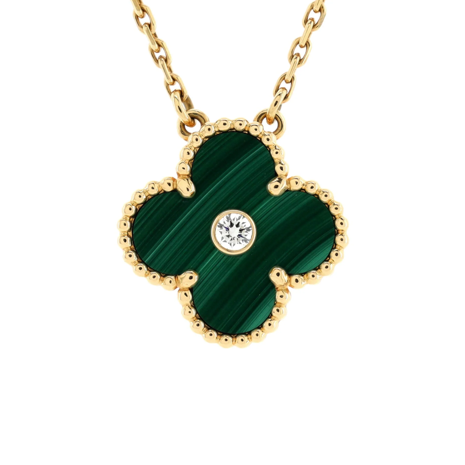 Vintage Alhambra Pendant Necklace 18K Yellow Gold and Malachite with Diamond