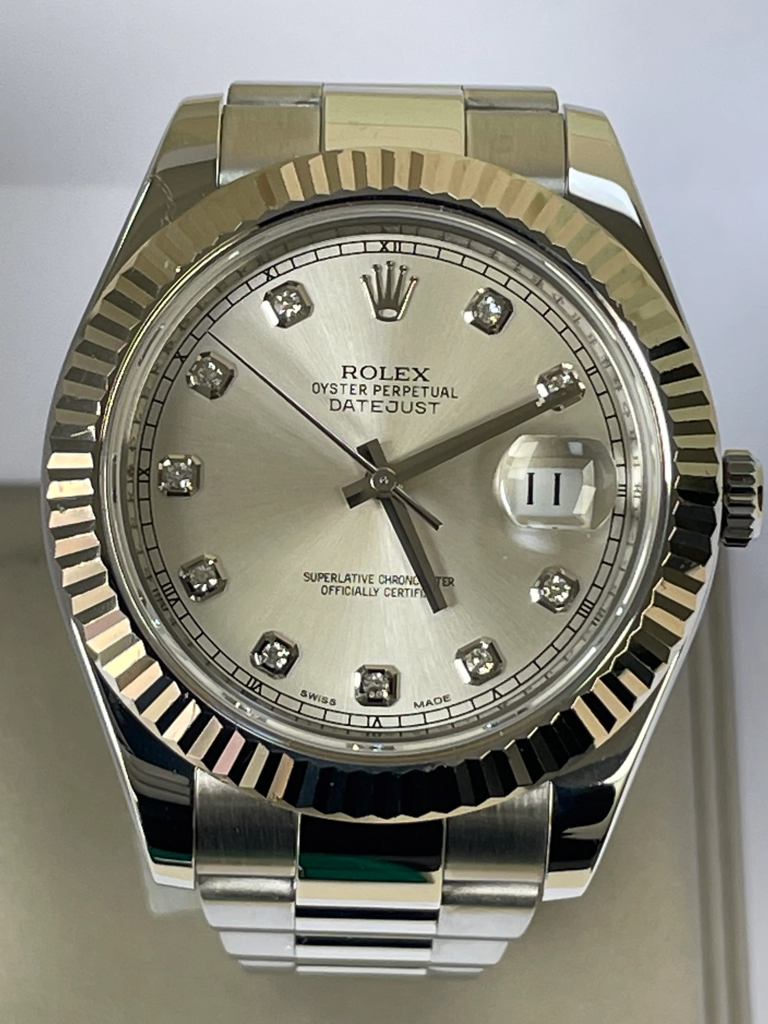 Rolex Steel Datejust II - 2010 - Fluted Bezel - Silver Diamond Dial - Oyster Bracelet - 116334