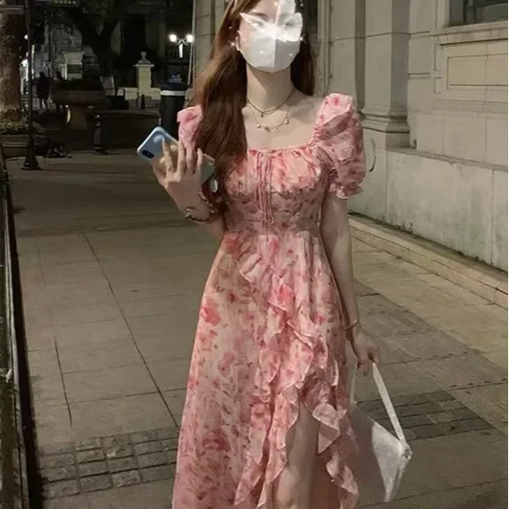 Summer Hot Sale Of The Season French Vintage Design Slimming Bubble Sleeve Maxi Floral Print Beach Vacation Dress Women’s Elegan