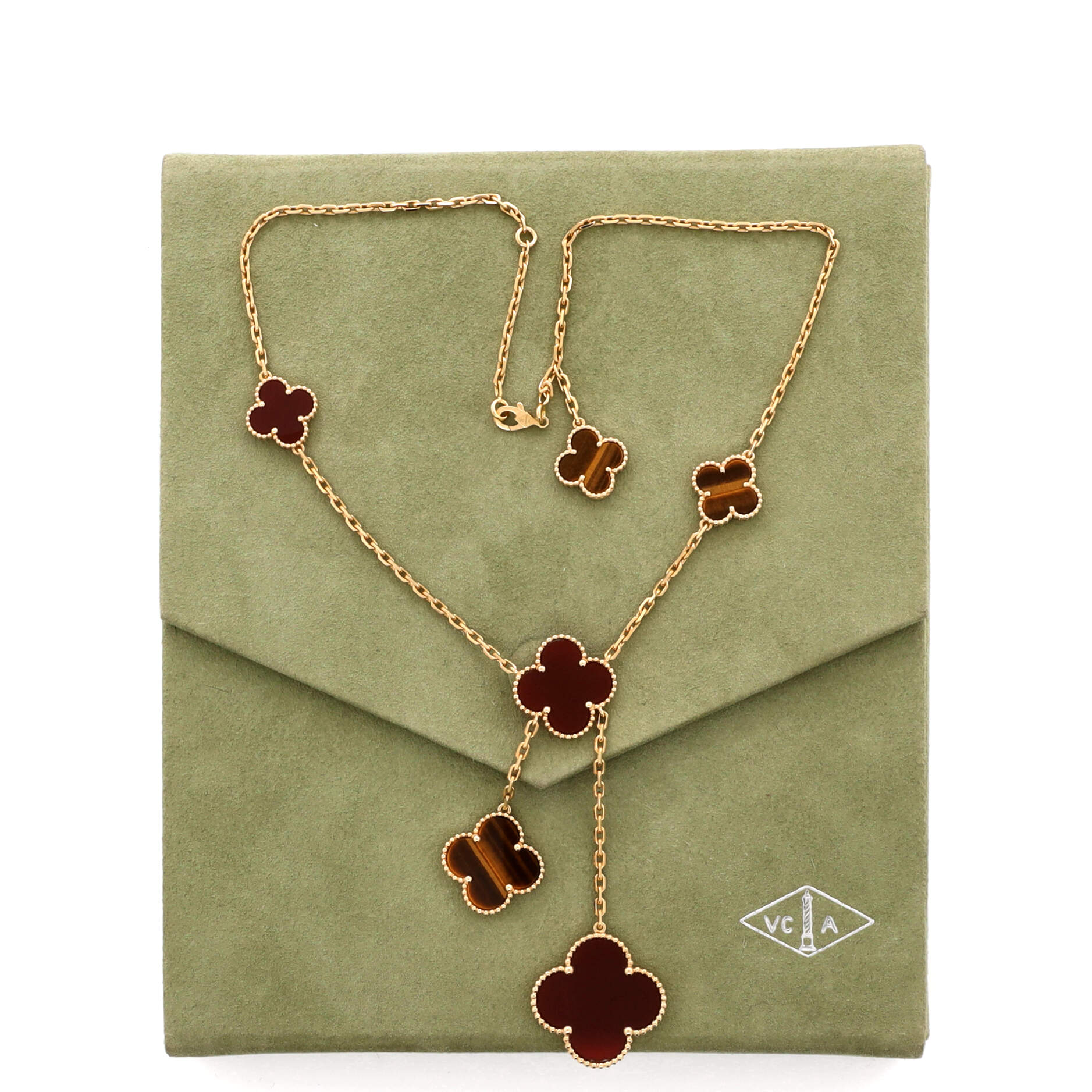 Magic Alhambra 6 Motifs Necklace 18K Yellow Gold with Carnelian and Tigers's Eye