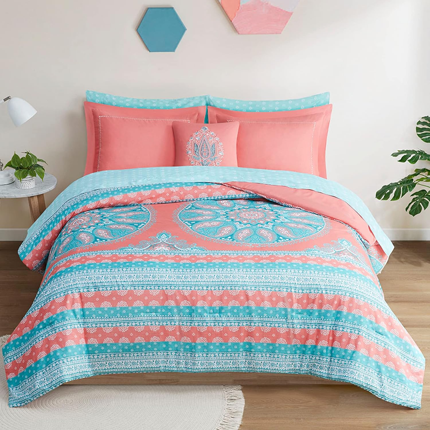 Degree of Comfort Twin Complete Comforter Sets, Boho Mandala Bed in A Bag, Microfiber Bedding Set with Side Pockets, Matching Decorative Pillow, 6 Piece Coral