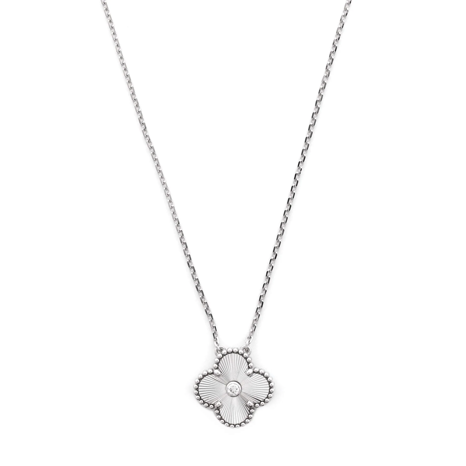 Vintage Alhambra Pendant Necklace Guilloche 18K White Gold with Diamond