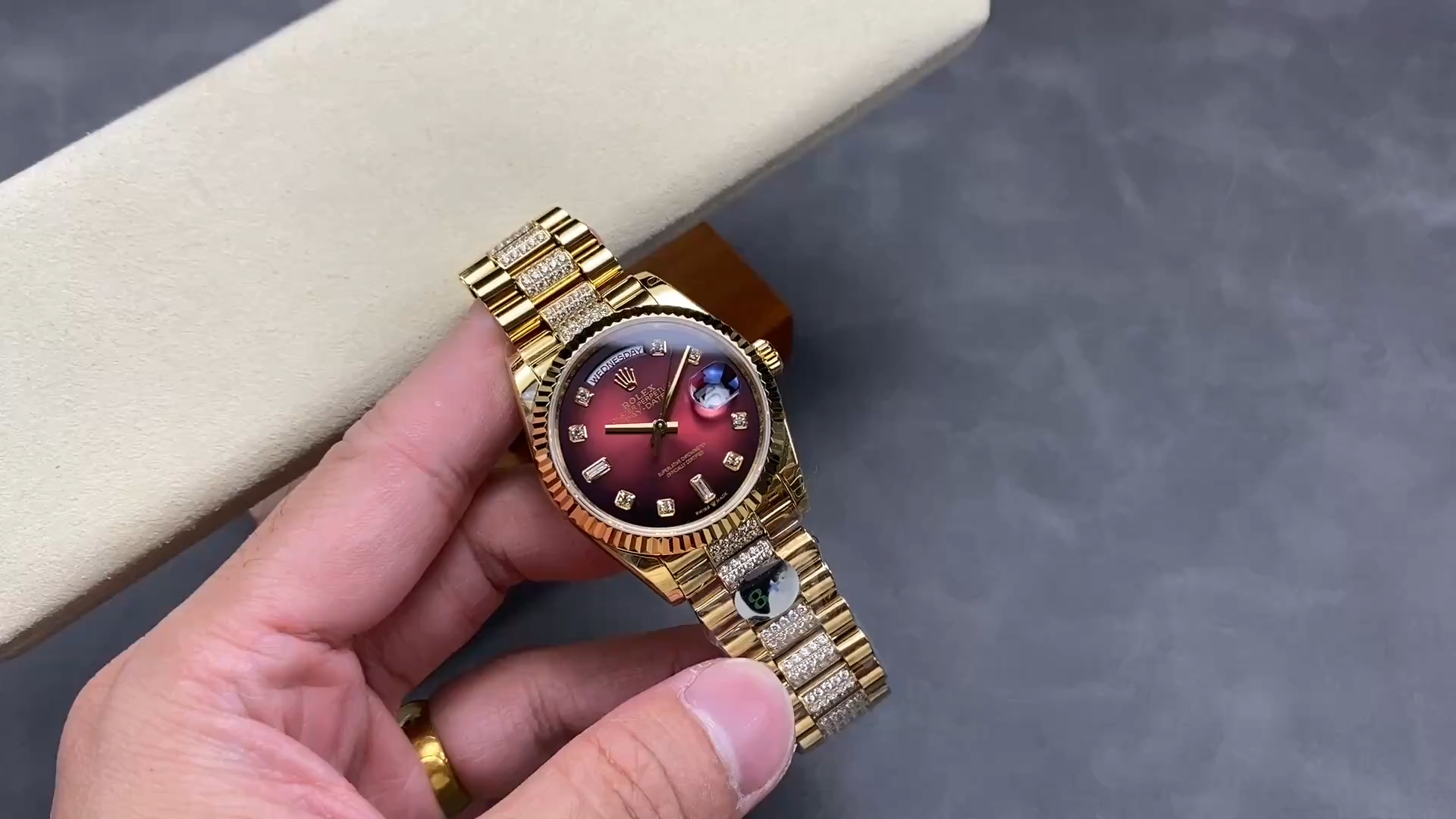 Rolex Day-Date Dark Red Dial Replica 128238 Women's Gold Watch