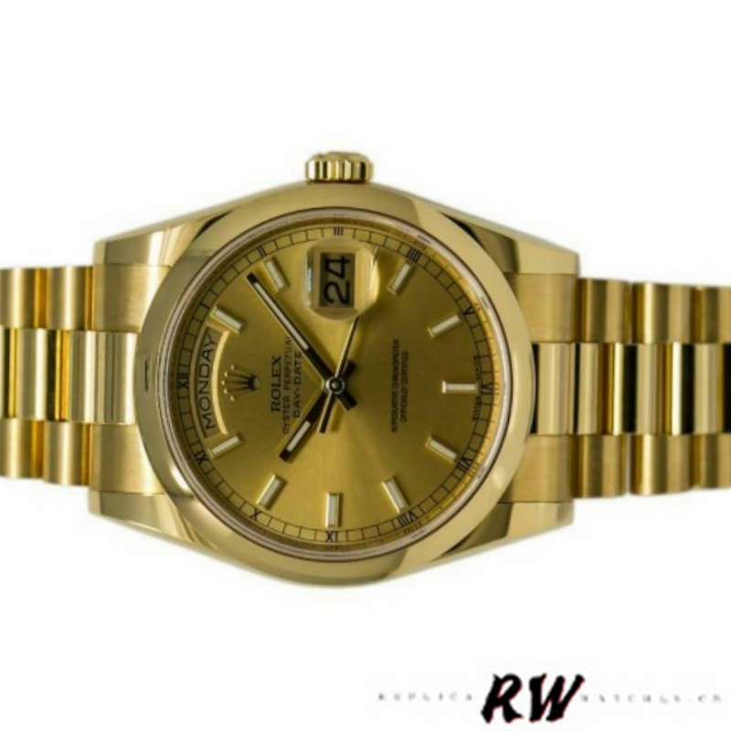 Rolex Day-Date 118208 Yellow Gold Champagne Dial 36mm Unisex Replica Watch