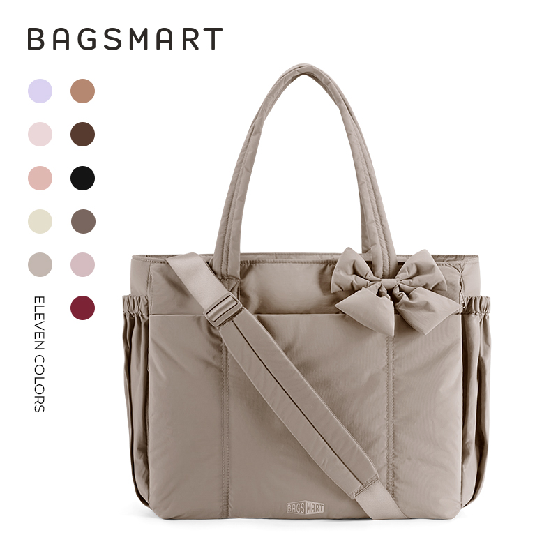BAGSMART Tote Bag for Women, Puffer Crossbody Bag with Zipper for Women, Quilted Shoulder Bag with Compartments, Camel