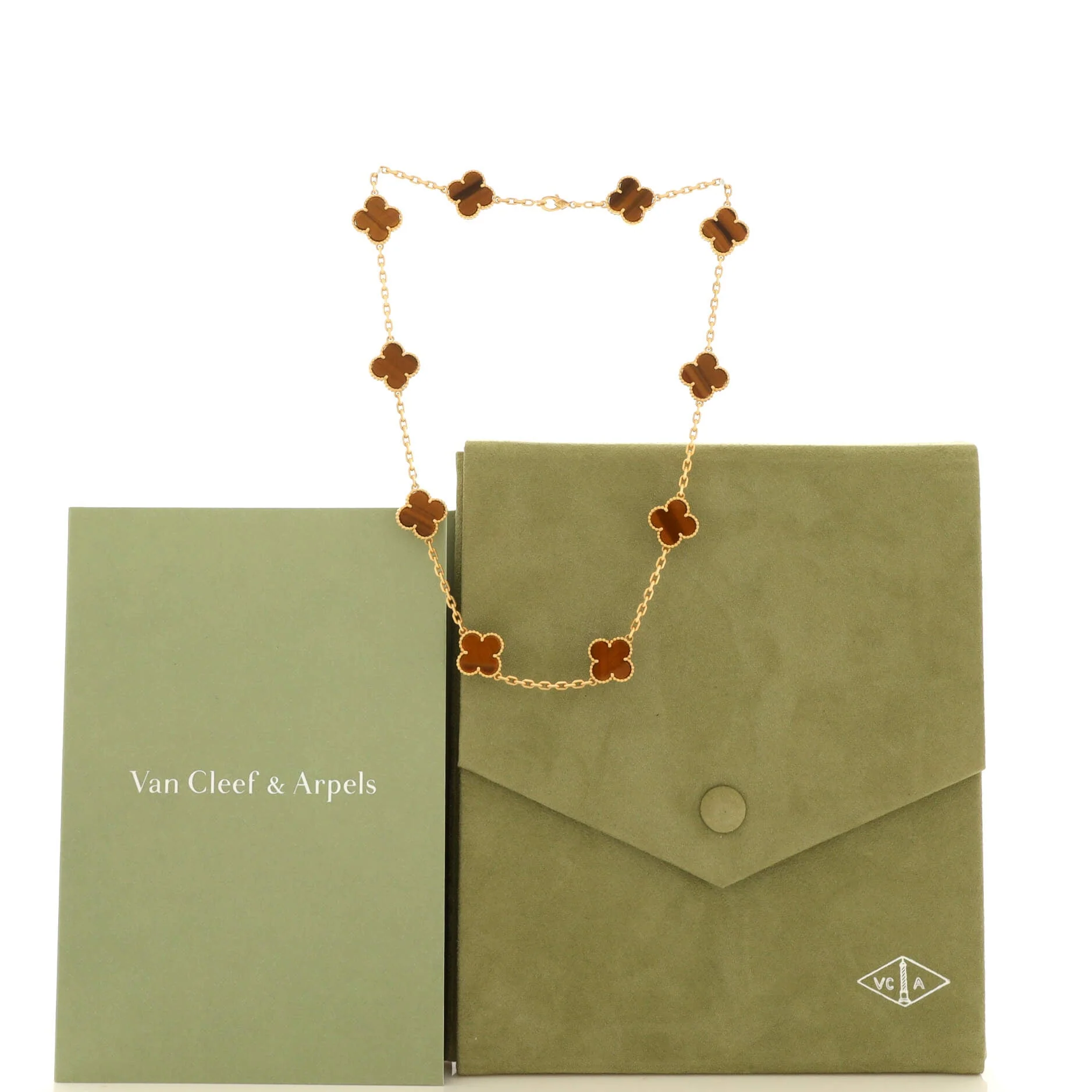 Vintage Alhambra 10 Motifs Necklace 18K Yellow Gold and Tiger Eye