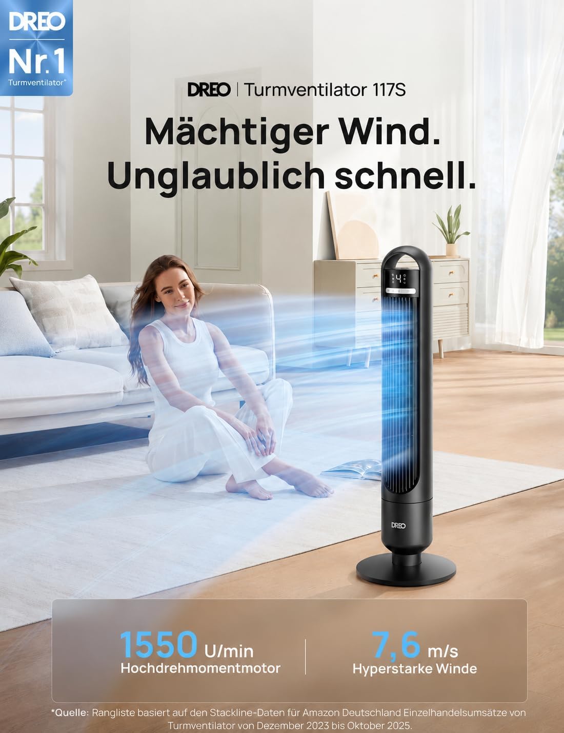 DREO Smart Turmventilator fürs Schlafzimmer, leiser Standventilator mit 28 dB, Luftreichweite bis 8,8 m, 4 Stufen & 3 Modi, 8 Std.-Timer, App, Alexa & Google, 90° Oszillation, für Zuhause/Büro