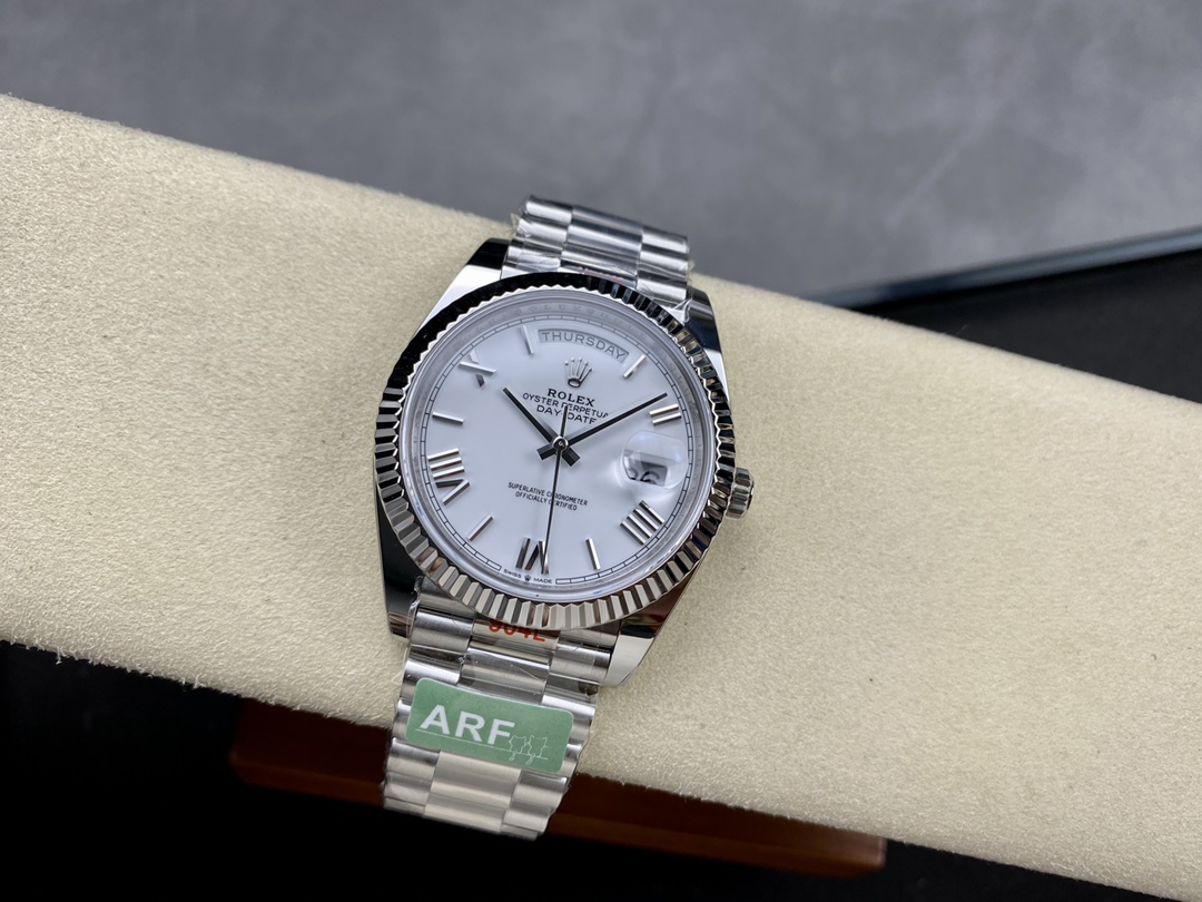 Rolex Day-Date 228239 White Roman Dial Fluted Bezel 40mm Mens Replica Watch