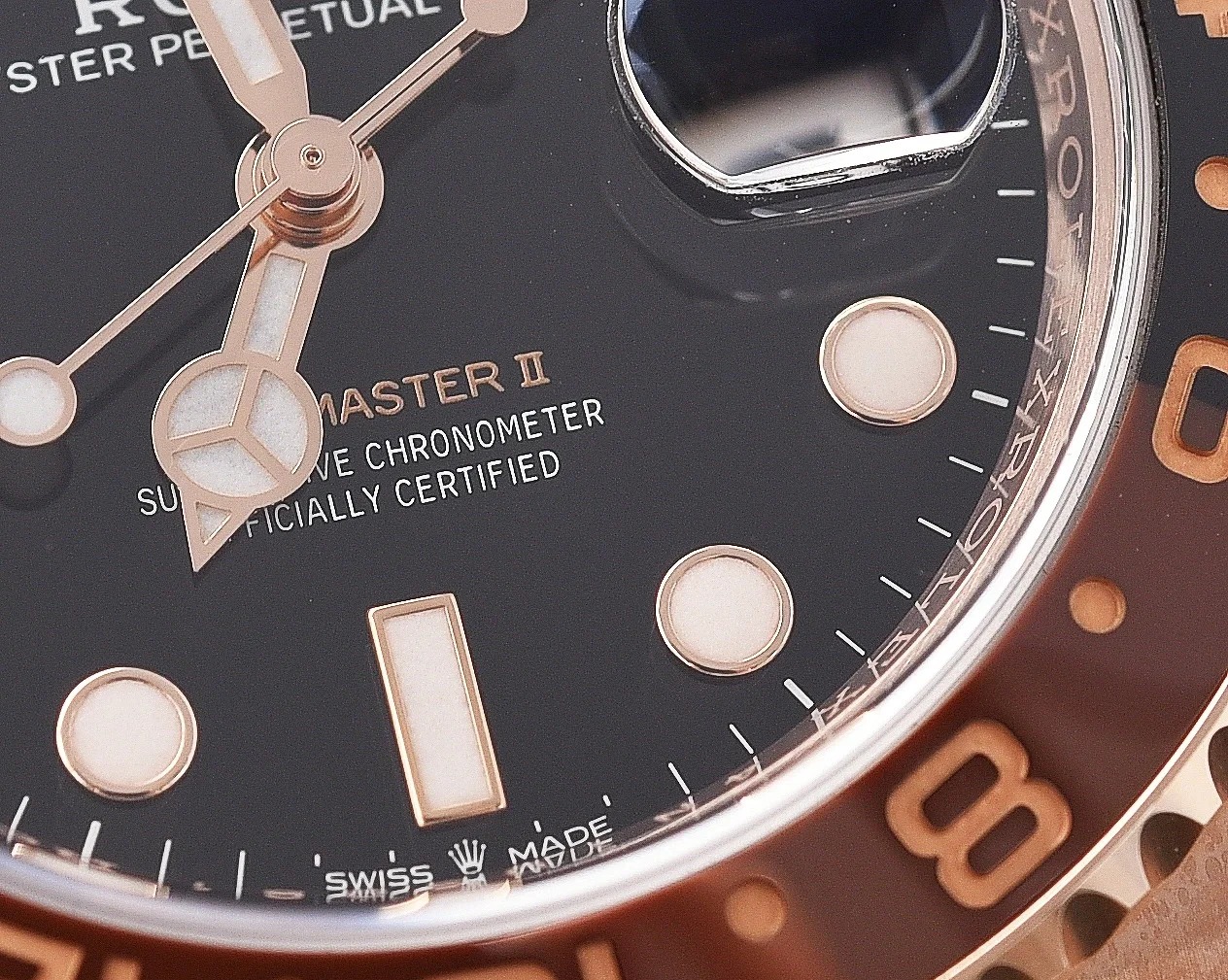 Rolex GMT-Master II 40mm Root Beer Black Dial Oyster Bracelet 18k Rose Gold Watch 126715chnr-0001