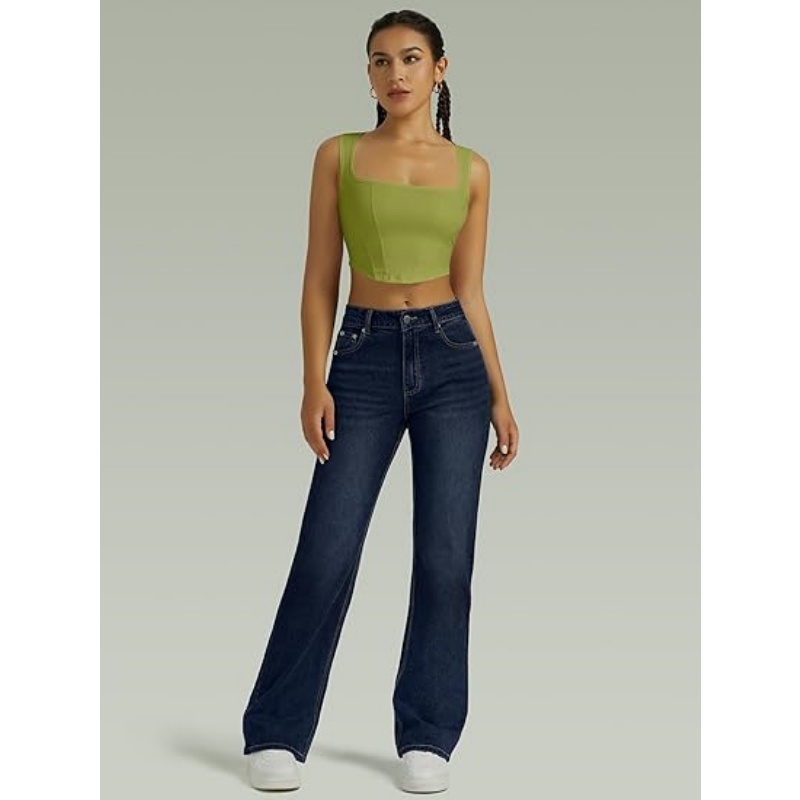 Women's High Waisted Microelastic Straight Leg Jeans, Loose Wide Leg Boyfriend Denim Pants
