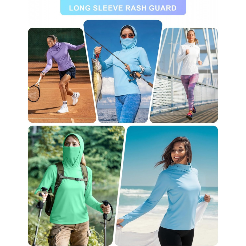 AURETOP Women's Sun Protection Hoodie UPF 50+ Hiking Fishing Shirt, Long Sleeve UV Rash Guard with Face Mask Lightweight