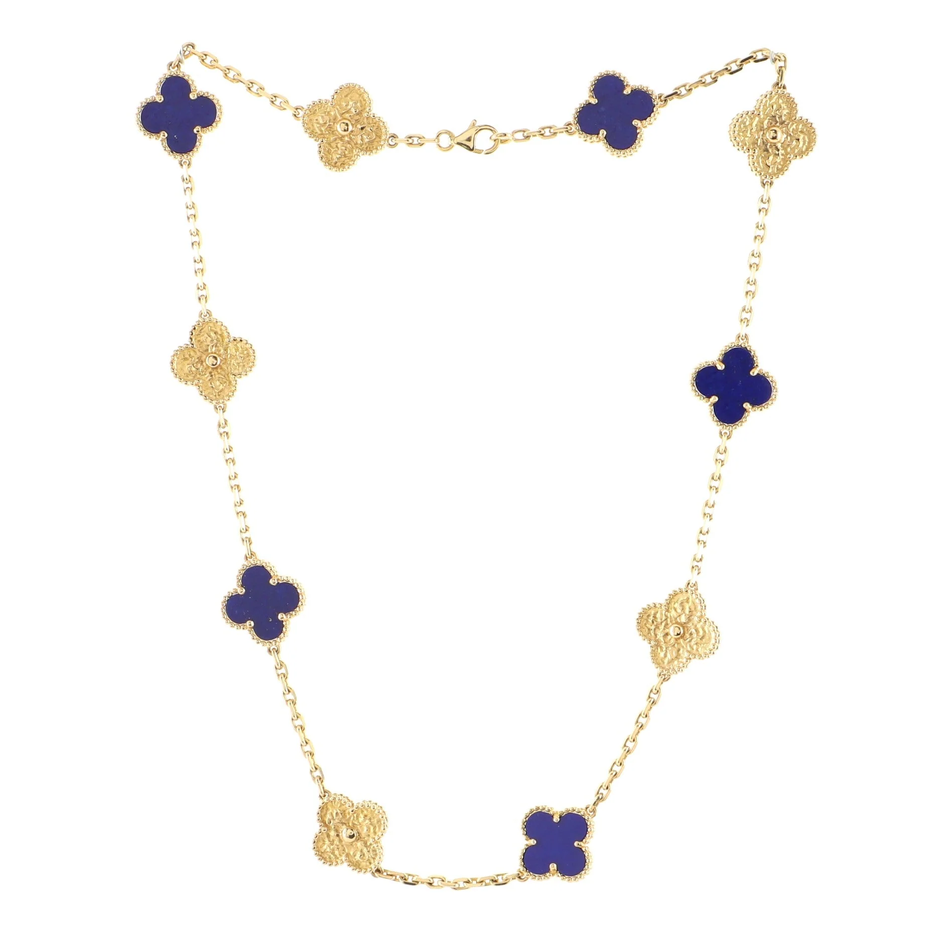 Vintage Alhambra Alternating 10 Motifs Necklace 18K Yellow Gold and Lapis Lazuli
