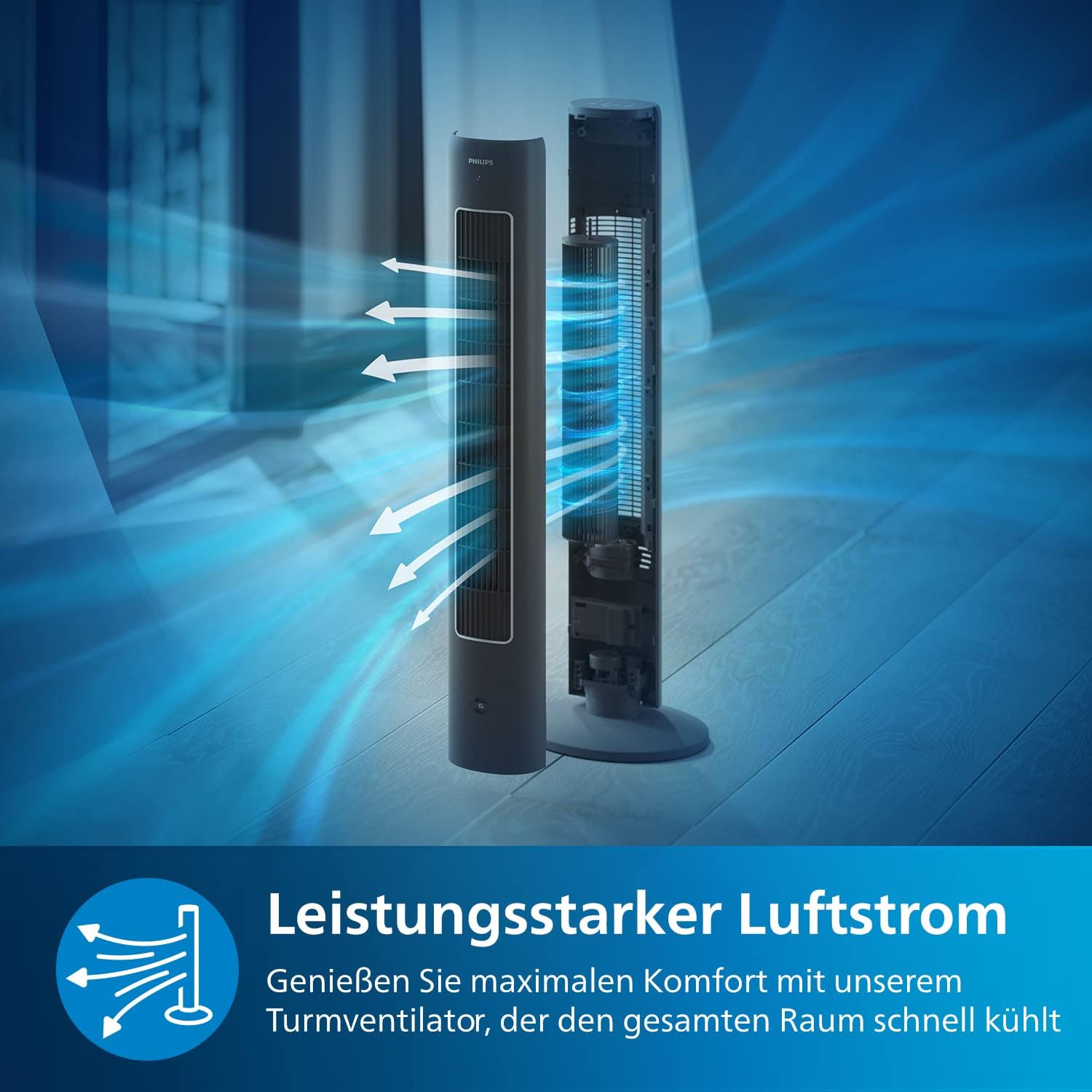 PHILIPS Turmventilator 5000 Serie, Grau, Fernbedienung, 2.230 m³/h Airflow | 105 cm, mit 28-46 dB(A), Timer, 3 Geschwindigkeitsstufen, Oszillation 60°, gleichmäßige Luftumwälzung (CX5535/11)