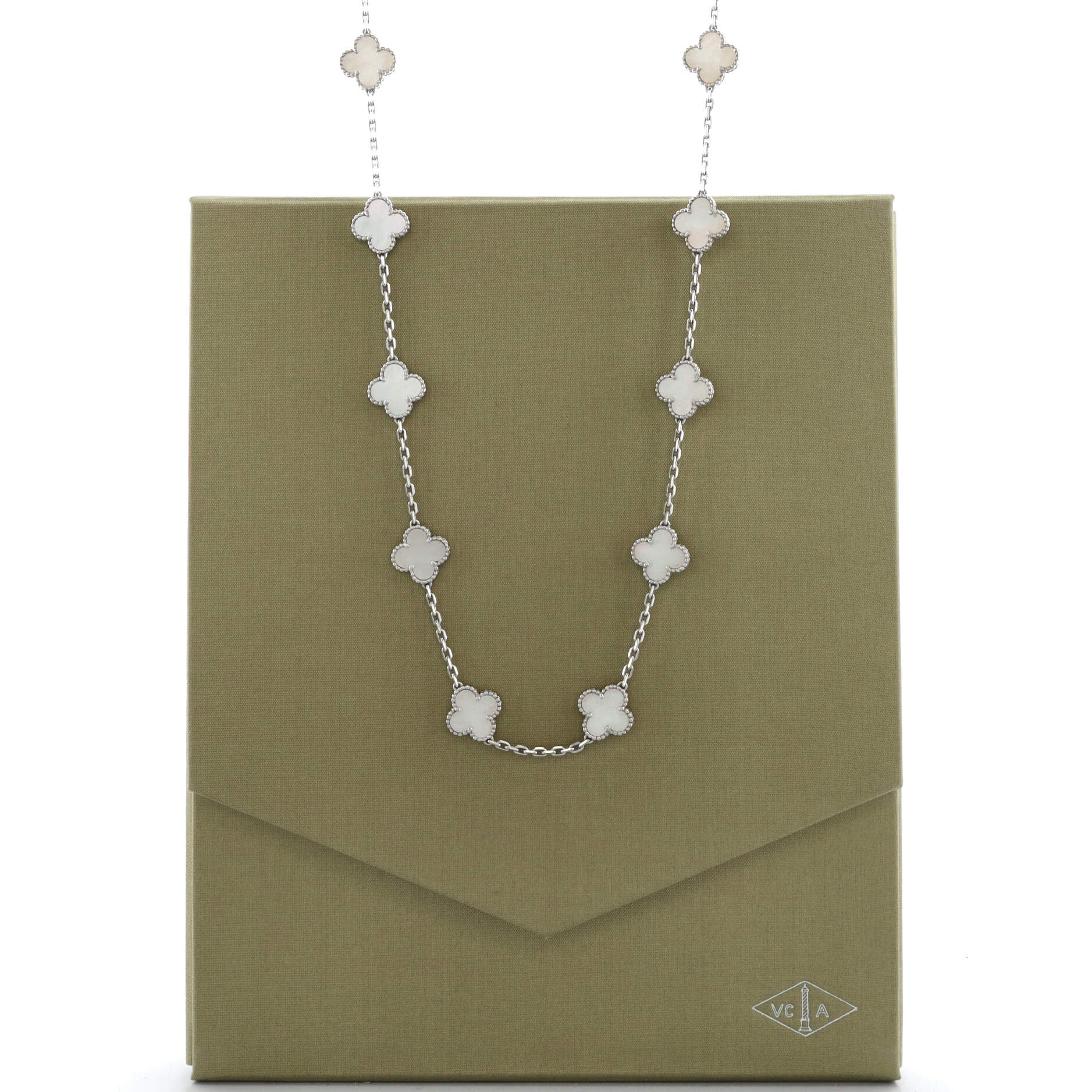 Vintage Alhambra 20 Motifs Necklace 18K White Gold and Mother of Pearl