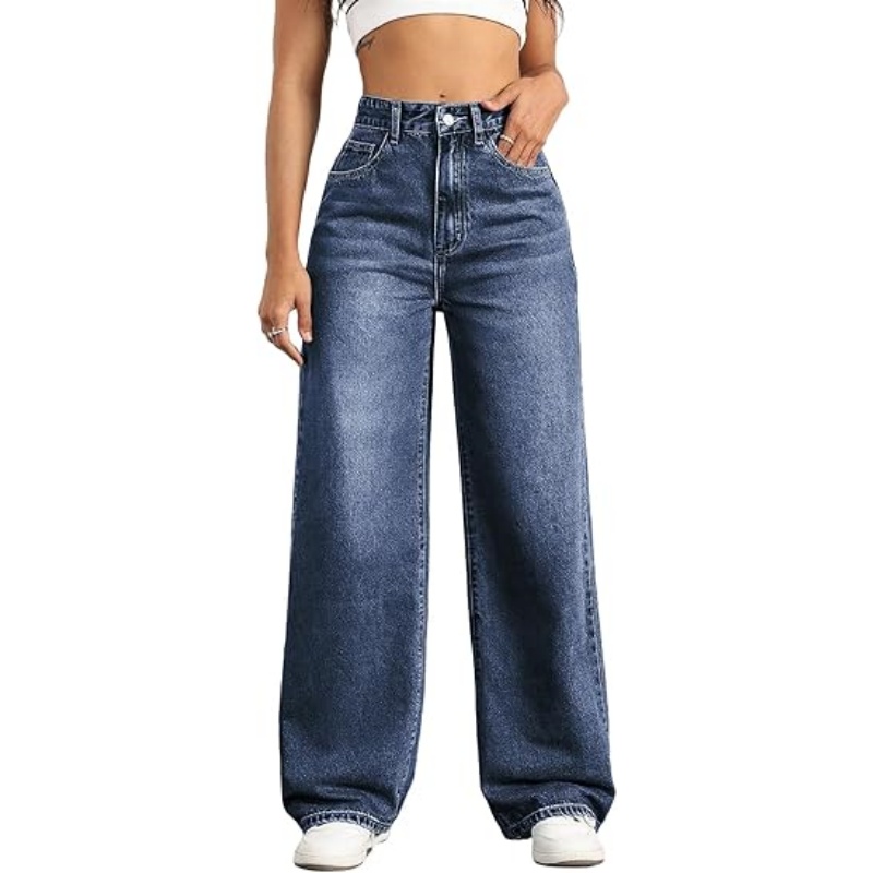 Women's High Waisted Stretchy Straight Leg Jeans, Loose Baggy Boyfriend Wide Leg Denim Pants