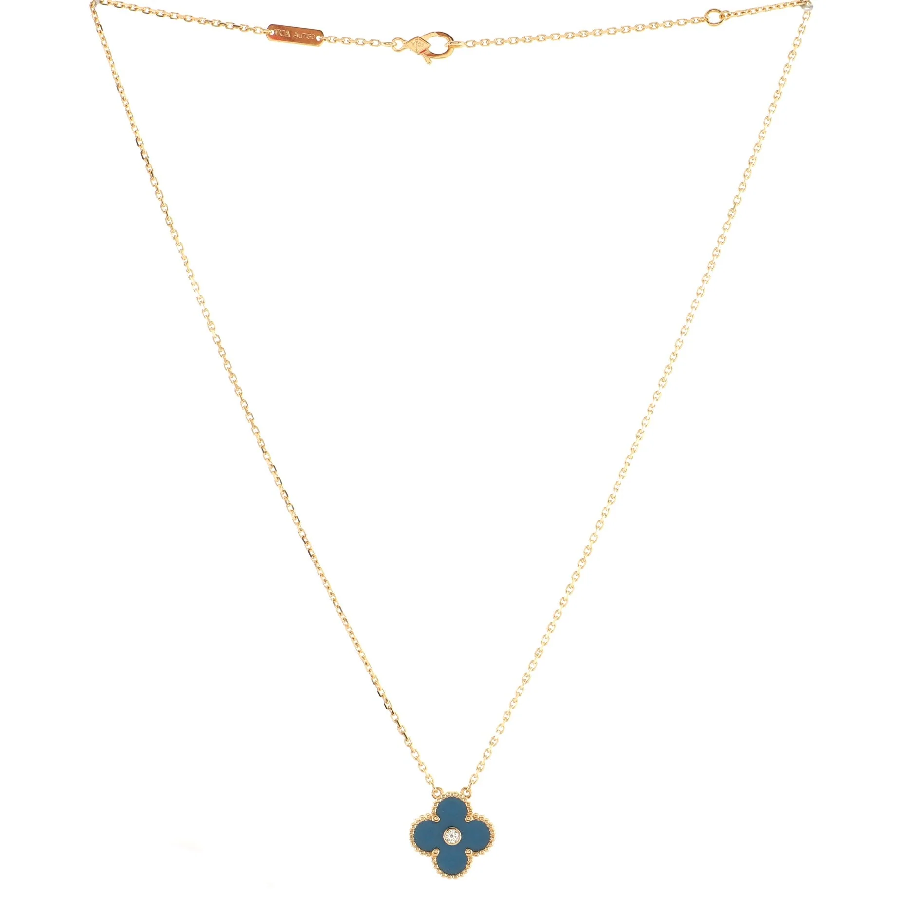 Vintage Alhambra Pendant Necklace 18K Yellow Gold and Sevres Porcelain with Diamond
