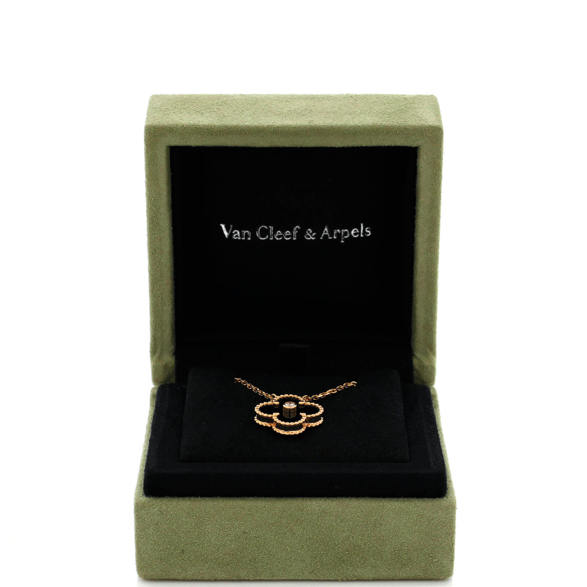 Vintage Alhambra Pendant Necklace 18K Rose Gold and Onyx with Diamond