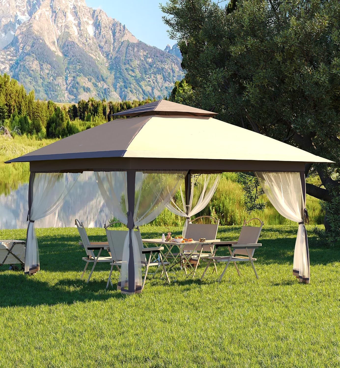 🔥Limited-Time Deal🔥13x13 Outdoor Pop Up Gazebo Tent – Large Shade Canopy with Mesh Netting, Double Vented Roof, 4 Sandbags & Wheeled Bag for Patio & Backyard