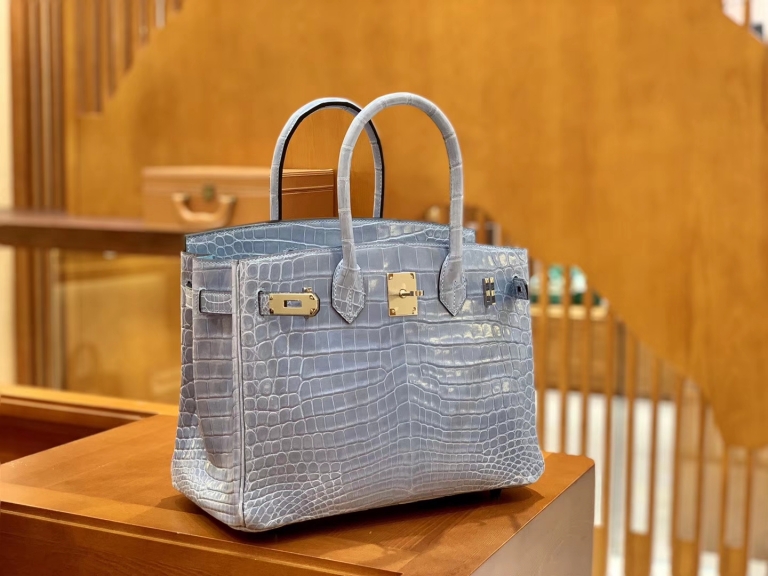 Hermes Birkin 25-30cm light blue color, gold buckle, first-class leather, Niliro crocodile skin, top quality level customization