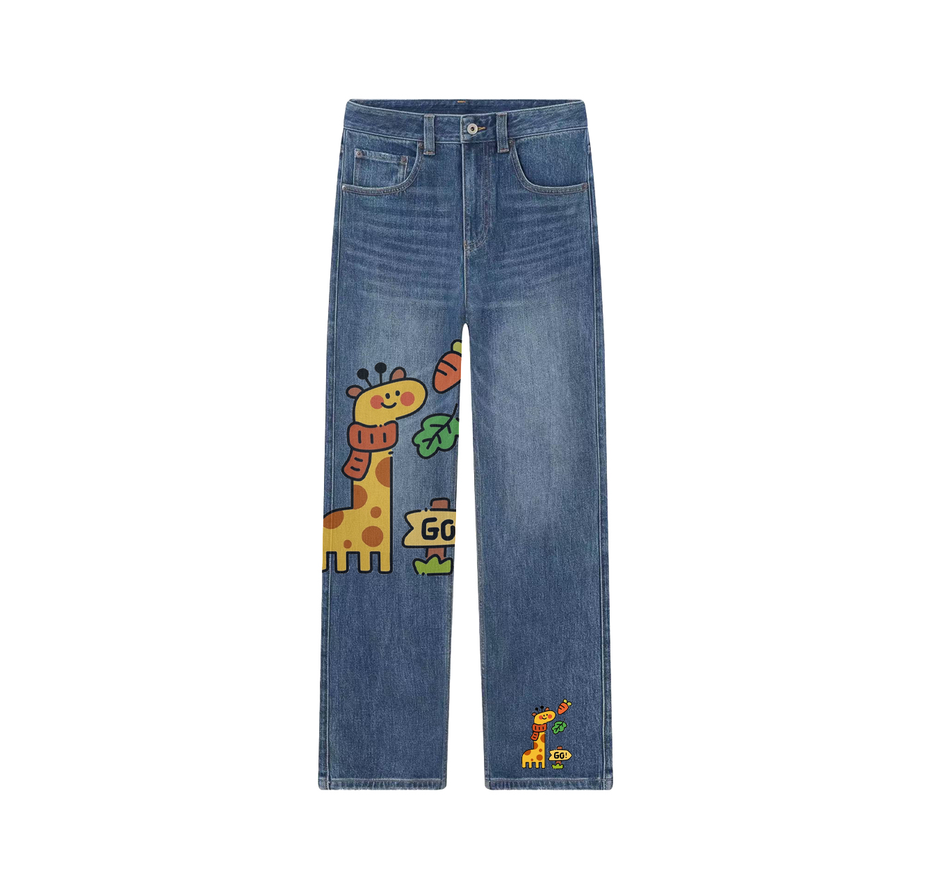 A pair of jeans with a giraffe scarf pattern – a wardrobe essential.