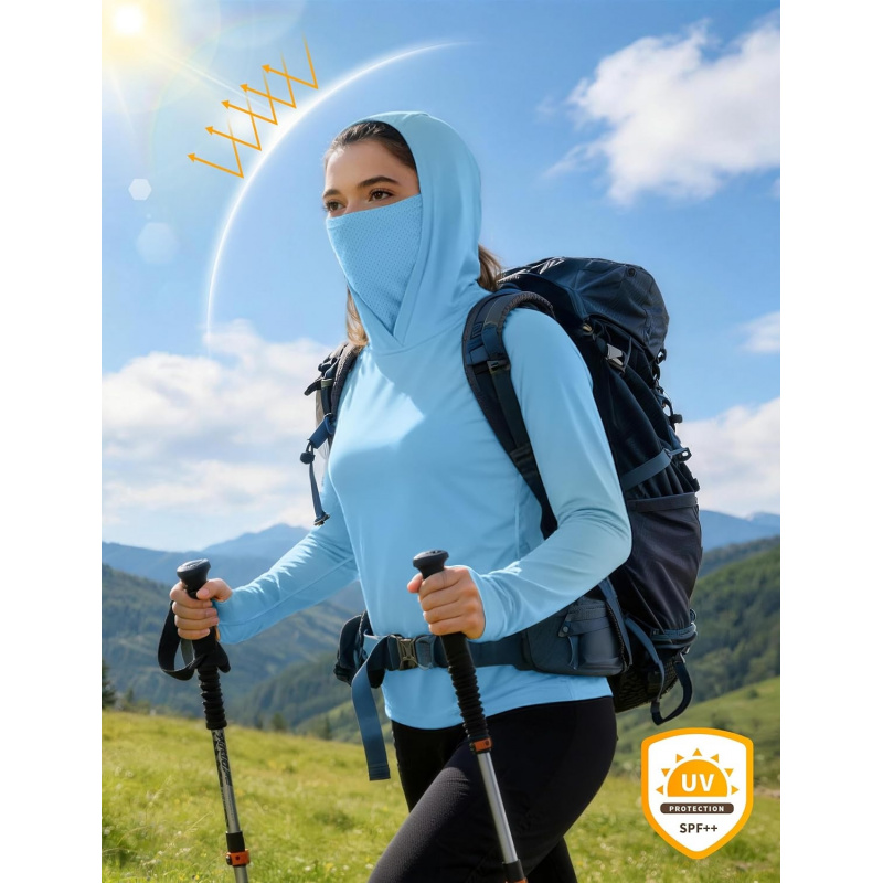 AURETOP Women's Sun Protection Hoodie UPF 50+ Hiking Fishing Shirt, Long Sleeve UV Rash Guard with Face Mask Lightweight
